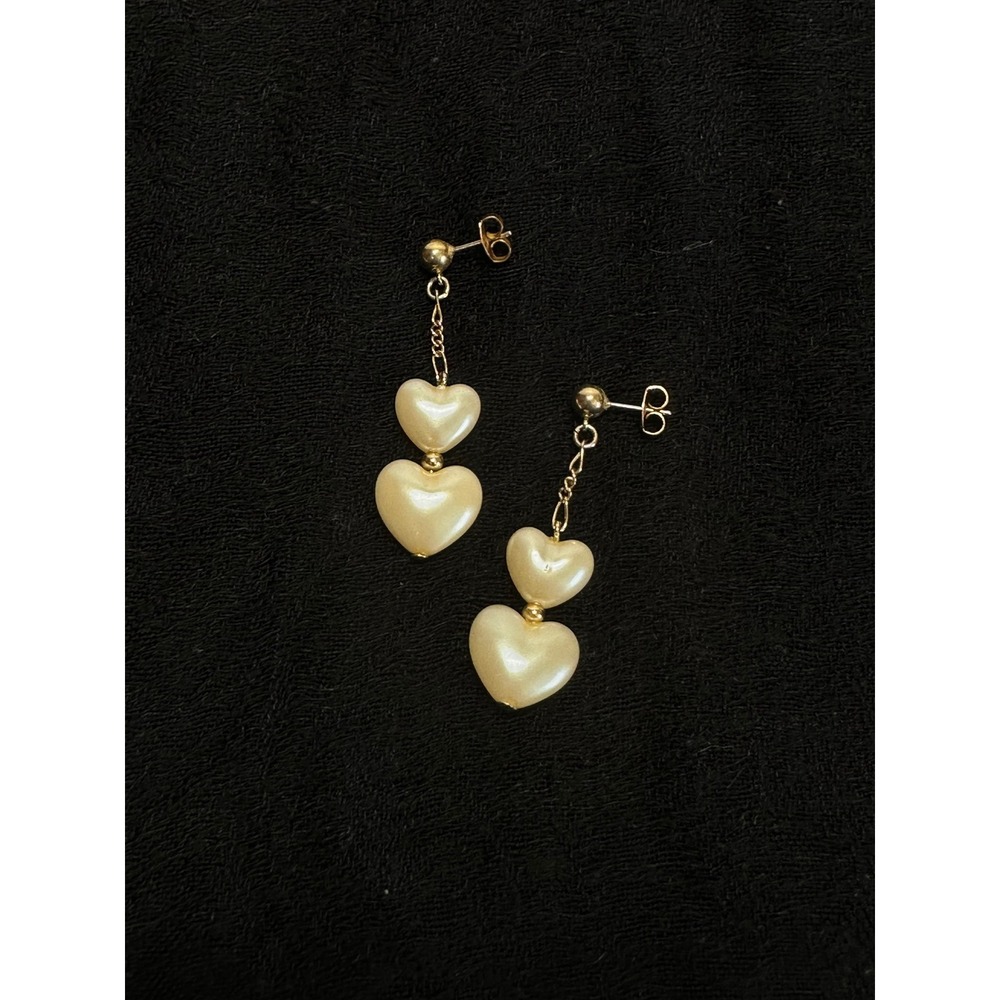 Vintage Heart Pearl Drop Earrings Cream Gold  Tone Tiered Dangle